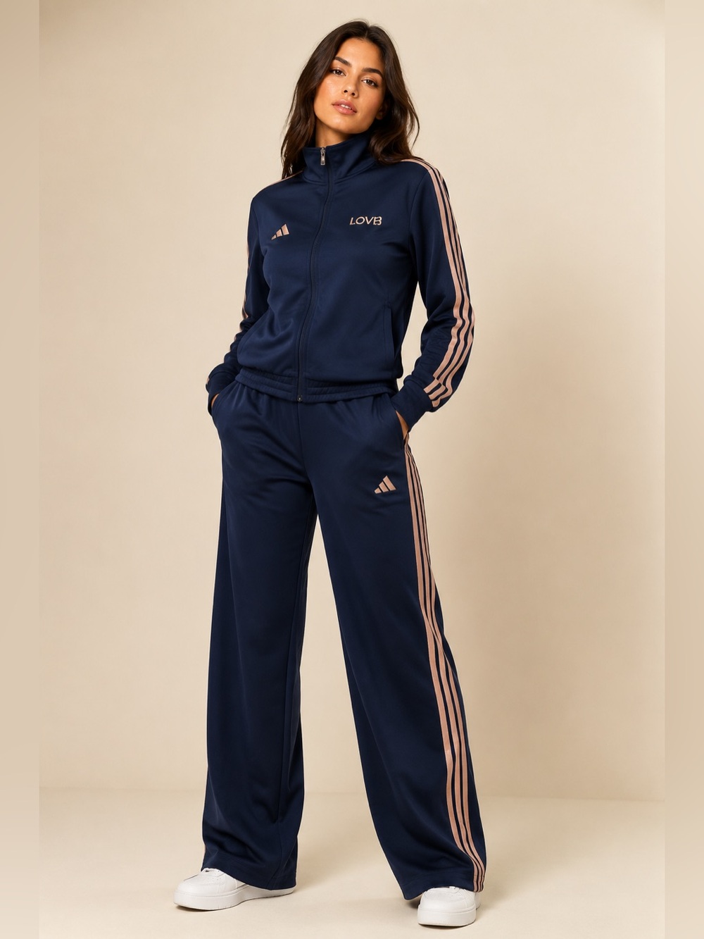 adidas Navy Wide-Leg Track Pants with Blush Stripes